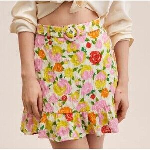 MANGO Pradera Colorful Floral Belted Skirt‎ Lined Size Small